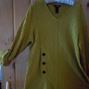 Ali Miles Women's Tunic Mustard Chartreuse Yellow Crinkle Roll Tab  XL V-Neck
